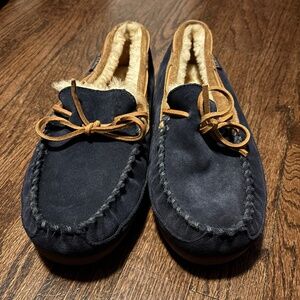 L.L. Bean Wicked Good Suede Fur-lined Moccasin Slippers with Hard Soles